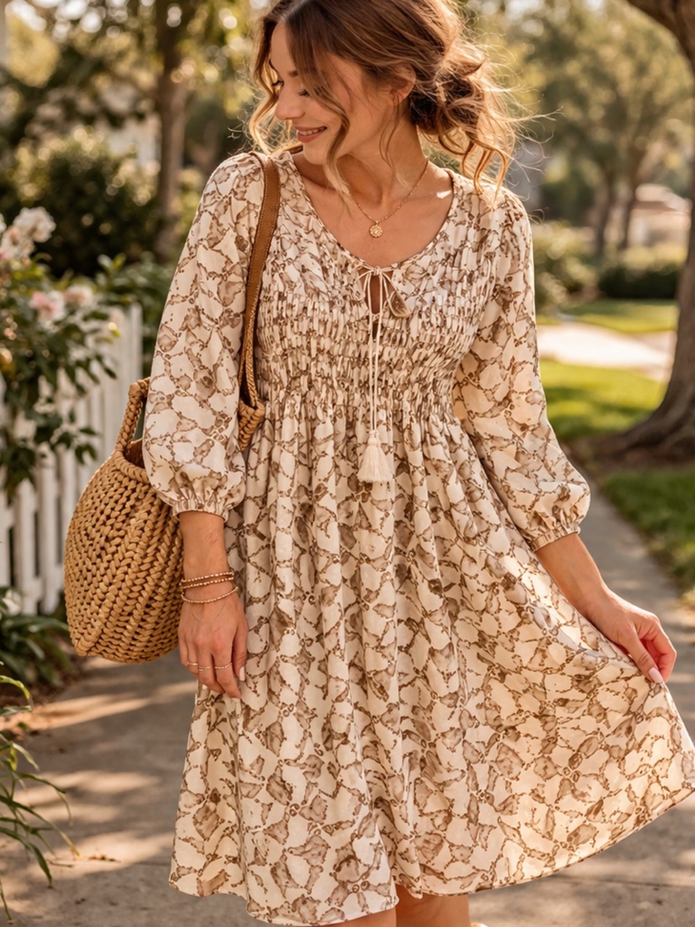 Magnolia South Prairie Dress Bird Print Smocked Cottagecore Boho M